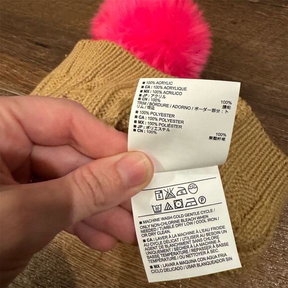 Beige Cable Knit Beanie Hat with Hot Pink Pom Pom Barbie Core Preppy Warm Cozy - Picture 5 of 5